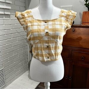 Rebellion Again Gold & Cream Tie Back Halter. Ruffled Sleeve, Buttons NWT SZ M&L